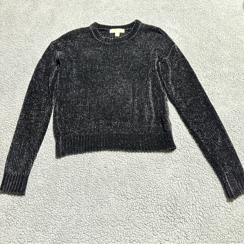 👉 Michael Kors Chenille Ribbed Sweater Black Gray P/M Soft Knit Pullover Button